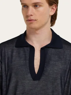 Long sleeve knitted silk polo shirt - Men
