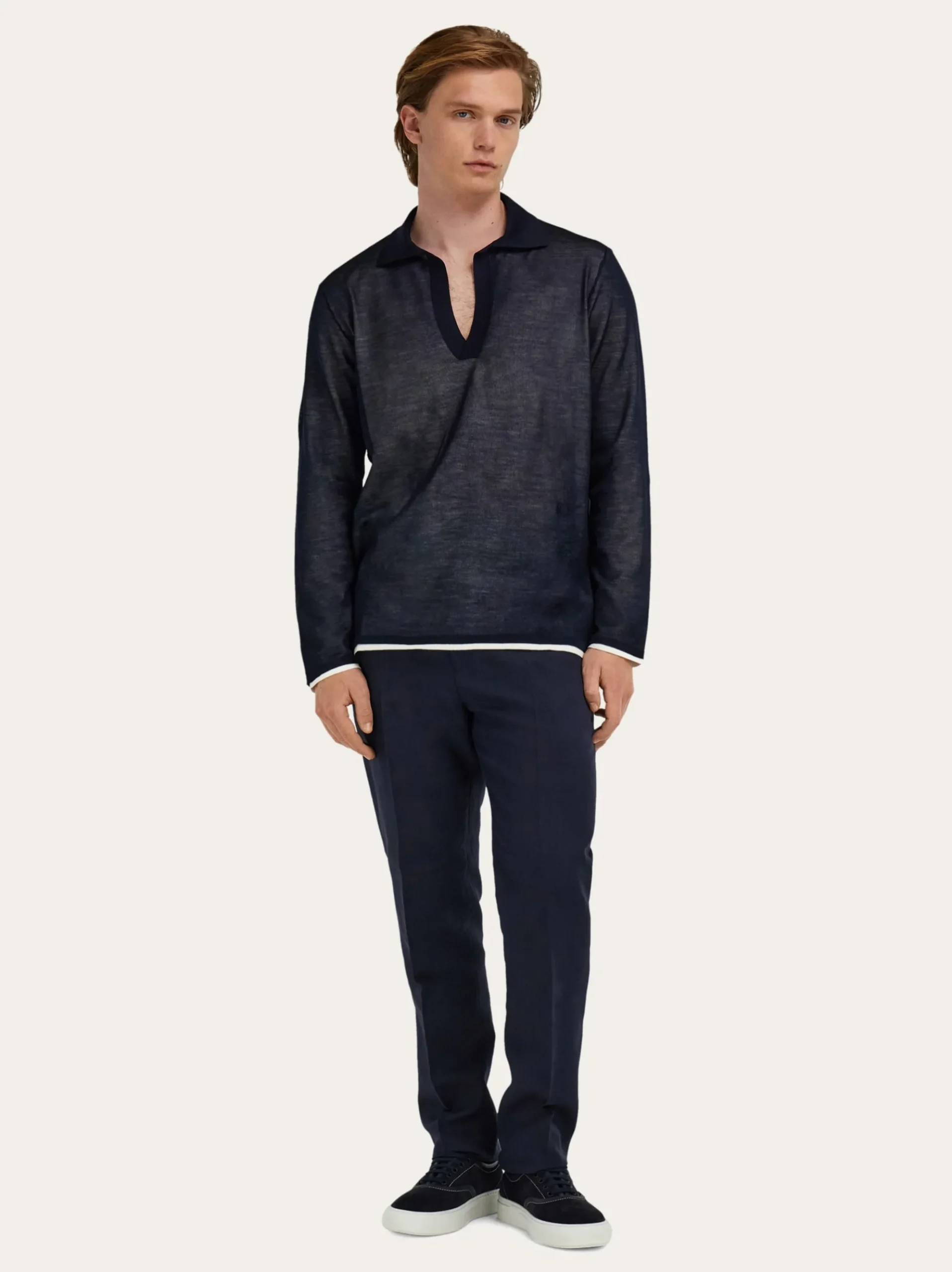 Long sleeve knitted silk polo shirt - Men