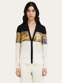 V-neck cardigan with Rooster print inserts - Women