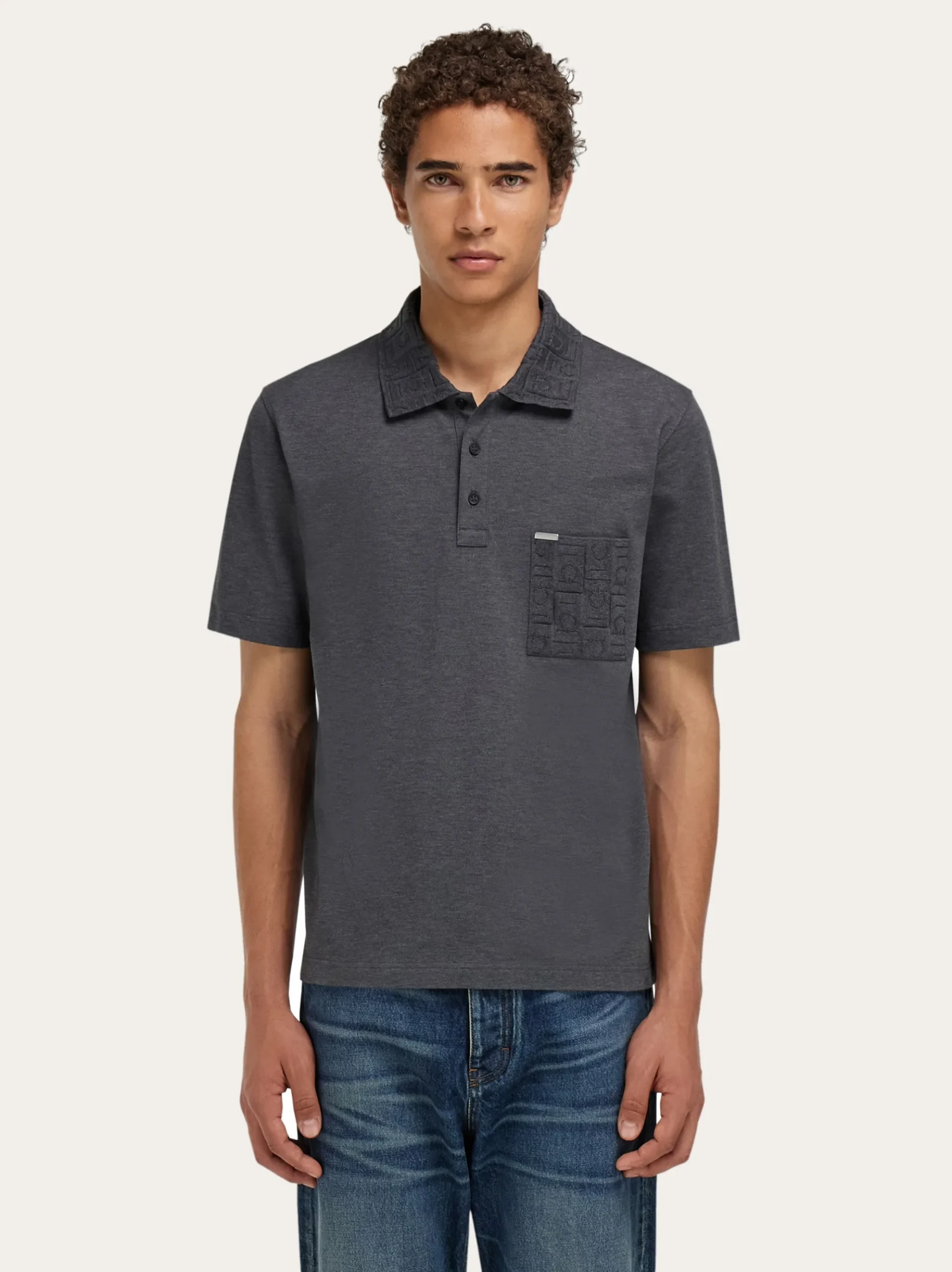 V-neck polo with jacquard pocket detail - Men